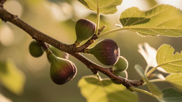 Close-up of ripe figs on a tree branch with green leaves in soft natural sunlight