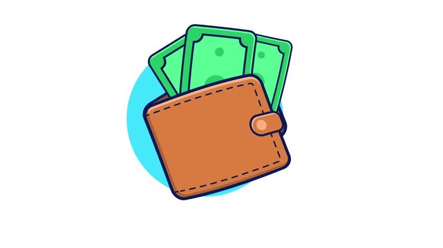 Wallet icon animation. A flat-design illustration featuring a leather wallet with banknotes peeking out.