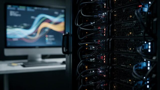 Servers glowing with data lights in foreground featuring a blurred monitor presenting tokenized asset transaction flows on a blockchainbased settlement platform.