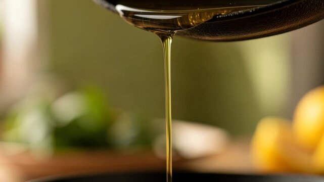 Close up of golden olive oil pouring from a spoon with fresh vegetables in background