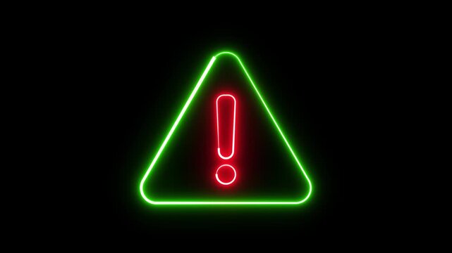 Glowing neon red and green color warning attention sign icon animation on black background. danger risk alert error stop signal emergency hazard problem issue sign symbol.