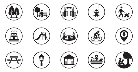 Fototapeta premium City park and recreation icon set. Public garden leisure symbol. Outdoor playground and rest logo. Urban green zone sign. Vector Illustration. Vector Graphic.