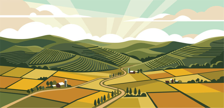 Beautiful rural agriculture landscape vector illustration featuring terraced vineyards green hills rolling fields farm houses and sun rays over countryside banner