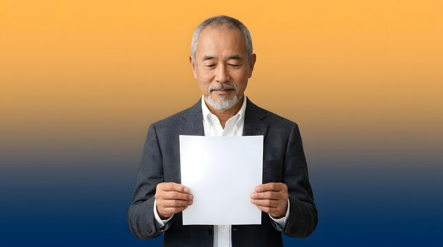 Asian business man and blank paper for mockup, marketing message and advertising announcement. Senior male, professional and template with document, holding sign, information and office notice