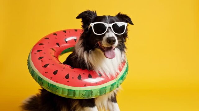 A joyful Border Collie dog wearing sunglasses and a watermelon-themed inner tube, ready for a summer vacation on a yellow background