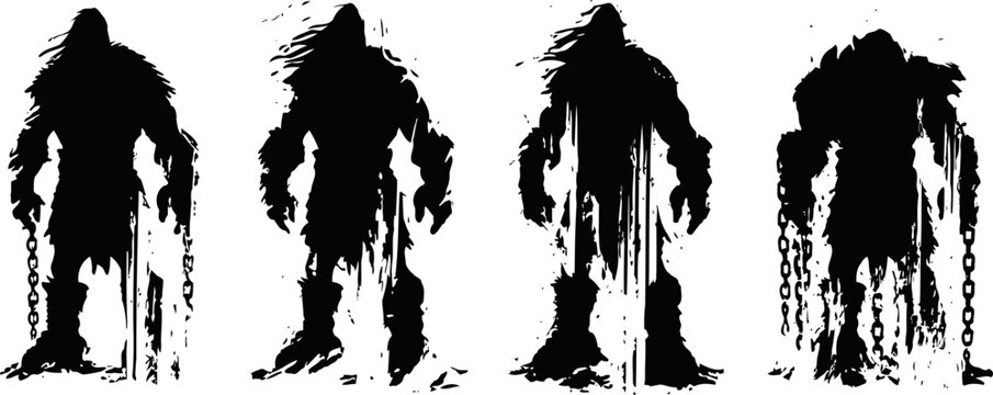 shadowy monster silhouettes with chains, dripping textures, and menacing postures