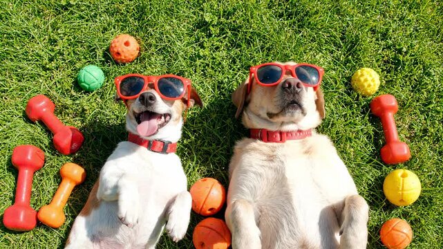 Two happy dogs in sunglasses lying on grass with toys