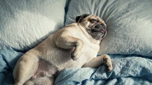 Cute pug dog sleeping soundly on a comfortable bed with pillows and blankets, appearing relaxed and content