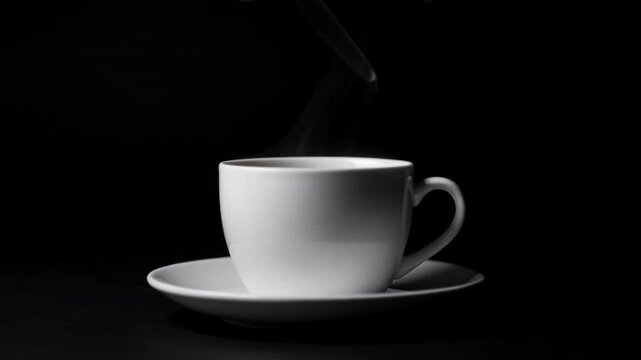Steaming white ceramic coffee cup on saucer with dark background for cozy beverage moments