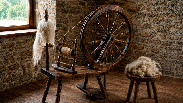 Antique wooden spinning wheel with raw wool in a rustic room. Traditional textile craft equipment and yarn bobbin against a stone wall. Vintage handmade fiber production concept