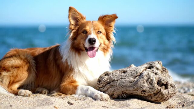 A happy, sandy border collie with a driftwood on the beach on a sunny day with the ocean in the background