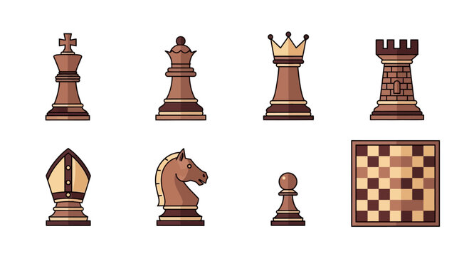 Pixel Art Chess Set Icons: King, Queen, Rook, Bishop, Knight, Pawn, and Board