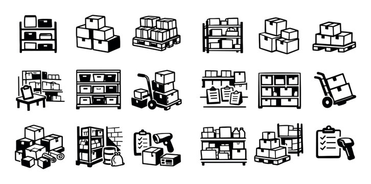 Retail equipment and storage icon set with backroom racks stock boxes and pallet stacks for user interface design in hand-drawn doodle illustration