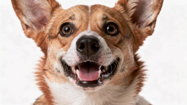 Close up of happy smiling corgi dog with bright eyes and open mouth on white background