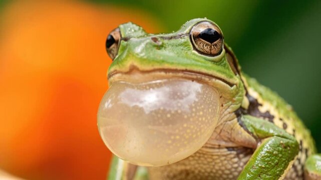 Close-up of a green frog with vocal sac inflated surrounded by natural vibrant background