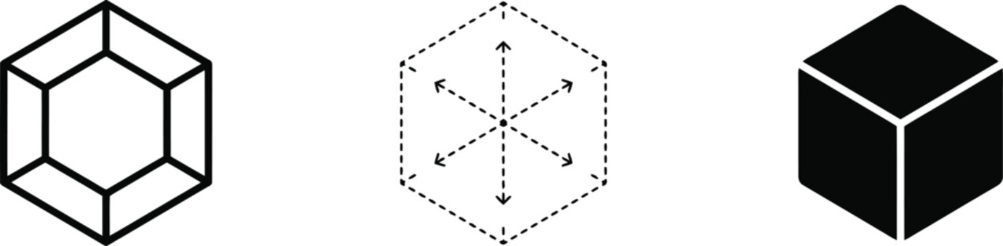 Three geometric shapes cube hexagon dashed outline with arrows