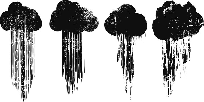 Abstract grunge black clouds with vertical rain streaks distressed weather symbols, ink splatter design elements