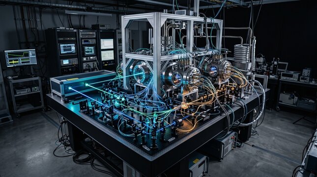 Advanced quantum computing processor in high-tech laboratory. Cutting-edge photonic quantum computer system with glowing fiber optics and futuristi...