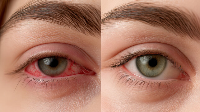 Before and After Eye Treatment Comparison, Healthy Vision Recovery, Ophthalmology and Eye Care Medical Concept