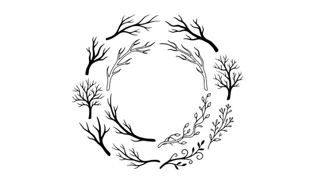 Rustic Branch Wreath Silhouette Circular Frame Vector Set with Bare Twigs and Autumn Leafless Trees for Halloween Invitation Borders and Botanical Winter Designs