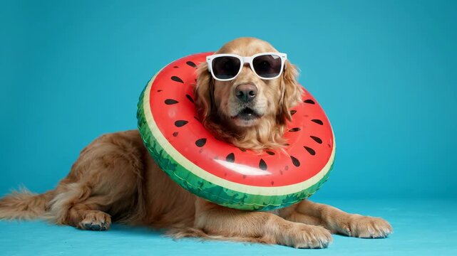 A golden retriever wearing sunglasses and a watermelon float around its neck, posing against a blue background, embodying summer vibes and vacation mood