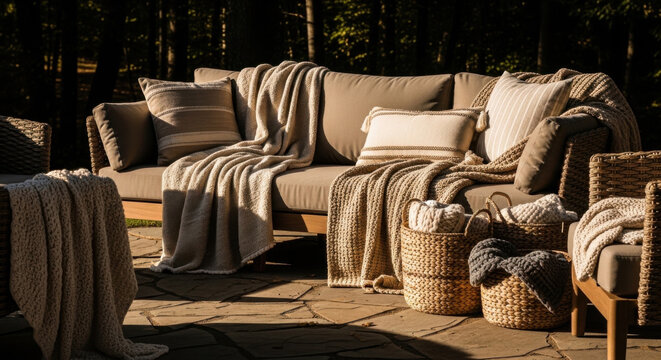 Cozy Outdoor Seating With Woven Baskets And Soft Throws