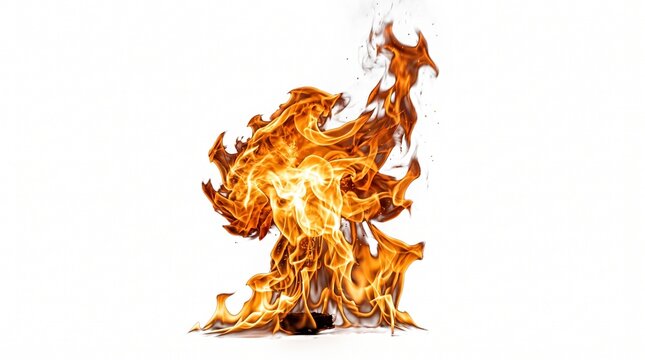 Dramatic isolated flames a fiery display of orange and yellow combustion on white background