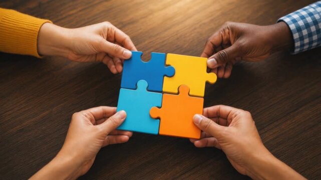 Diverse hands connecting colorful puzzle pieces symbolizing teamwork collaboration and unity on wooden table