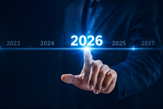 Corporate strategy and future vision concept with businessman selecting year 2026 on futuristic dashboard