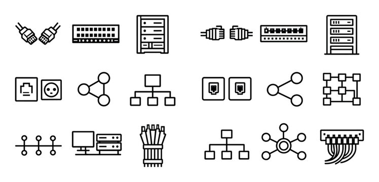 Computer networking infrastructure vector icons with wall outlets connection points physical layout for presentation design in minimal vector art