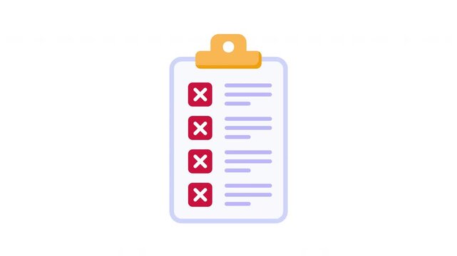 Looping Clipboard Checklist Animation with All Tasks Rejected and Red Cross Marks Prores Alpha 4K 60 fps