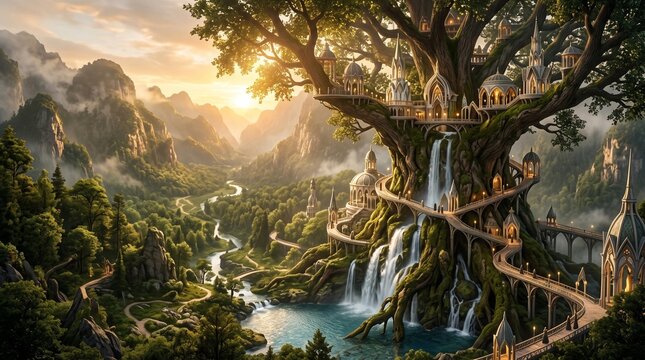Epic fantasy landscape of a magical elven city built into a giant ancient tree with waterfalls