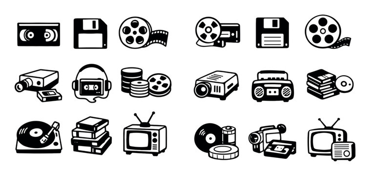 Forgotten technologies and media design icons with magnetic tape floppy disk and cassette player for marketing design in hand-drawn doodle style