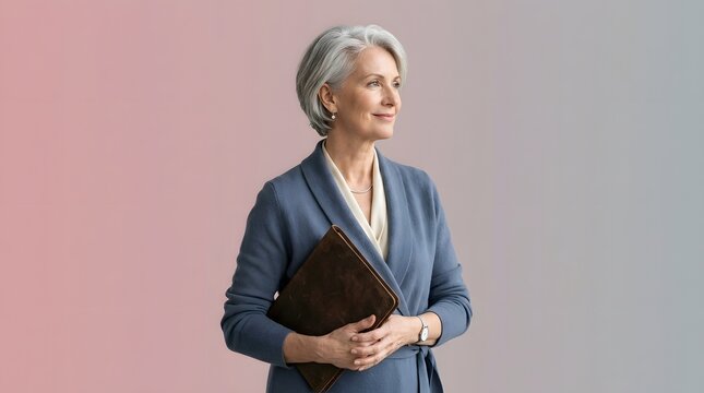 Senior woman, business professional and leader with leather folder for career, expertise and leadership. Executive, mature entrepreneur and success with corporate planning, management and mentor for 