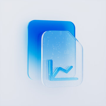 3D glassmorphism statistics document icon with blue line graph on white background.