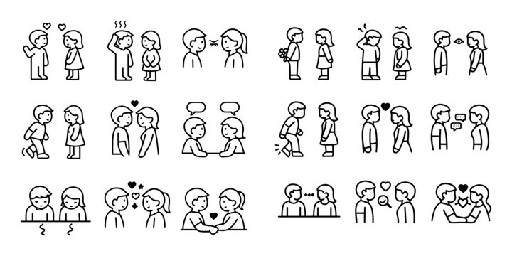 First love and meeting icon set with hesitant step close distance calm talk for infographic design in minimal vector art