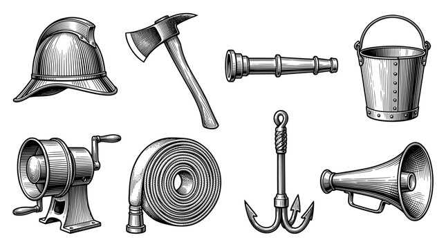 Set of Vintage Firefighting Equipment Illustrations in Engraved Woodcut Style