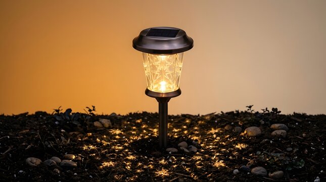 Solar garden light, outdoor lamp and lighting in soil for landscaping, backyard path and patio decor. Sustainable energy, LED lantern and glow with eco friendly power for home improvement projects
