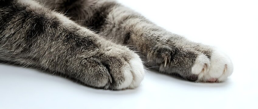 Close-up of fluffy gray tabby cat paws resting on a white surface, showcasing soft fur texture and delicate claws in natural light.