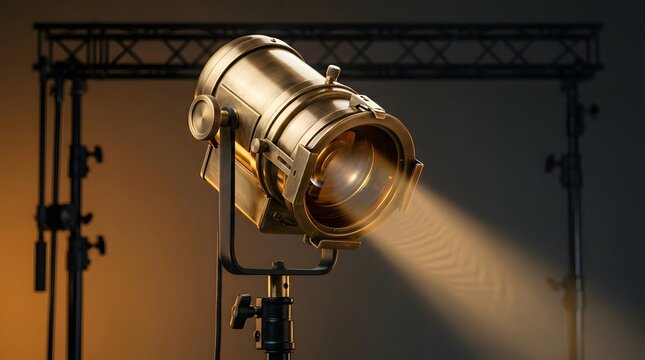 Studio spotlight, vintage cinema lamp and stage lighting for film production, video set and photography. Professional equipment, industrial brass fixture and beam in dark room with copy space, gear