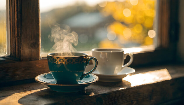 Two steaming cups of coffee on a wooden windowsill with a blurred background of autumn leaves and a sunny outdoor scene