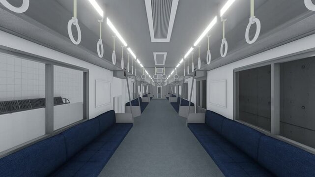 青い地下鉄車両が停車する地下駅ホーム 3DCGアニメーション
