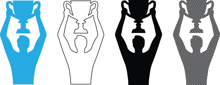 Four award trophy winner human silhouette icons in various graphic styles for victory celebration vector.