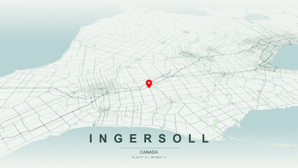 Minimalist vector map of Ingersoll, Ontario. High-quality scalable illustration of Ingersoll geographic boundaries within Oxford County, Thames River shoreline and valley networks for posters design. © AliRza