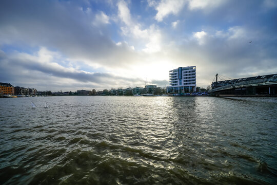 View of the Leda River near Leer and the surrounding landscape. Nature in East Frisia.
