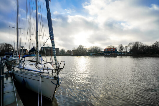 View of the Leda River near Leer and the surrounding landscape. Nature in East Frisia.
