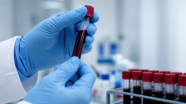 Close up of scientist holding blood sample tube for medical testing in laboratory healthcare environment