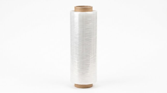 Clear plastic stretch wrap roll on a cardboard core isolated on a white background for packaging and shipping purposes isolated white background