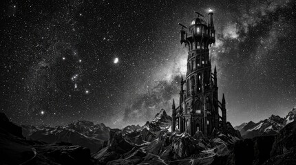 Obraz premium Gothic castle tower under starry night sky.