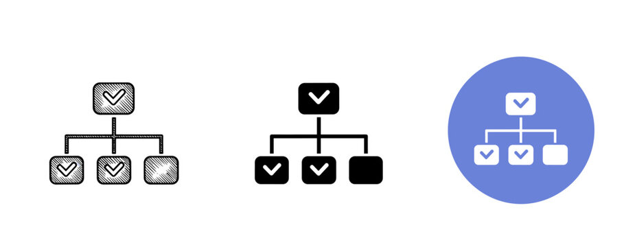 Set of hierarchical organizational charts with different styles and colors